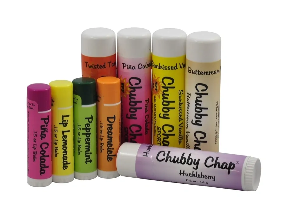 A group of chubby chap lip balms in different colors.