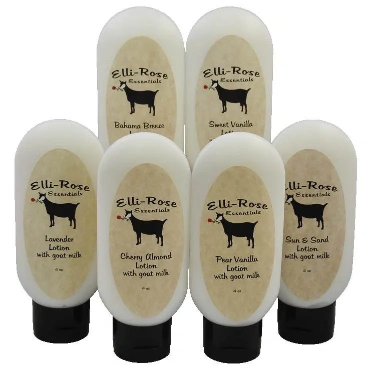 A group of six bottles of lotion with goats milk.