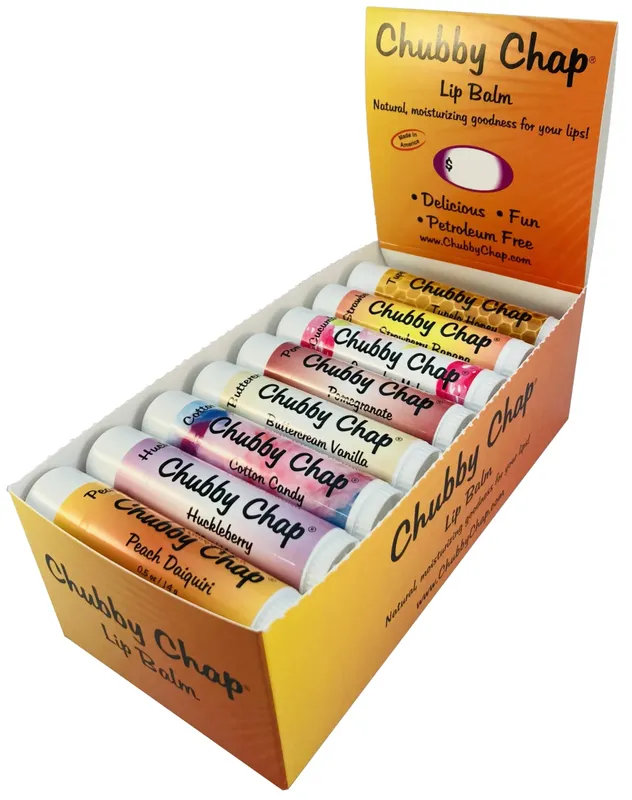A display of chubby cheep lip balm in a box.