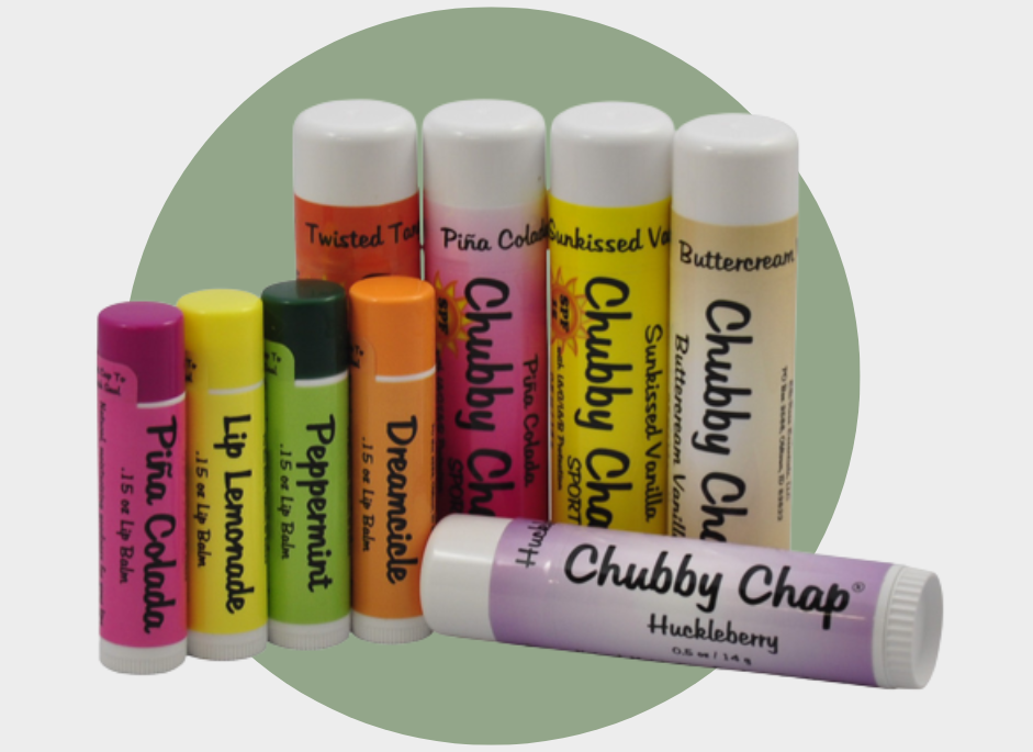 A group of chubby chap lip balms in different colors.